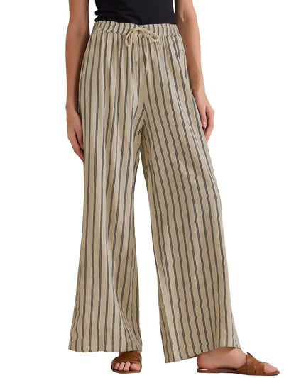 Casual Drawstring Striped Wide Leg High Waist Cotton Pants