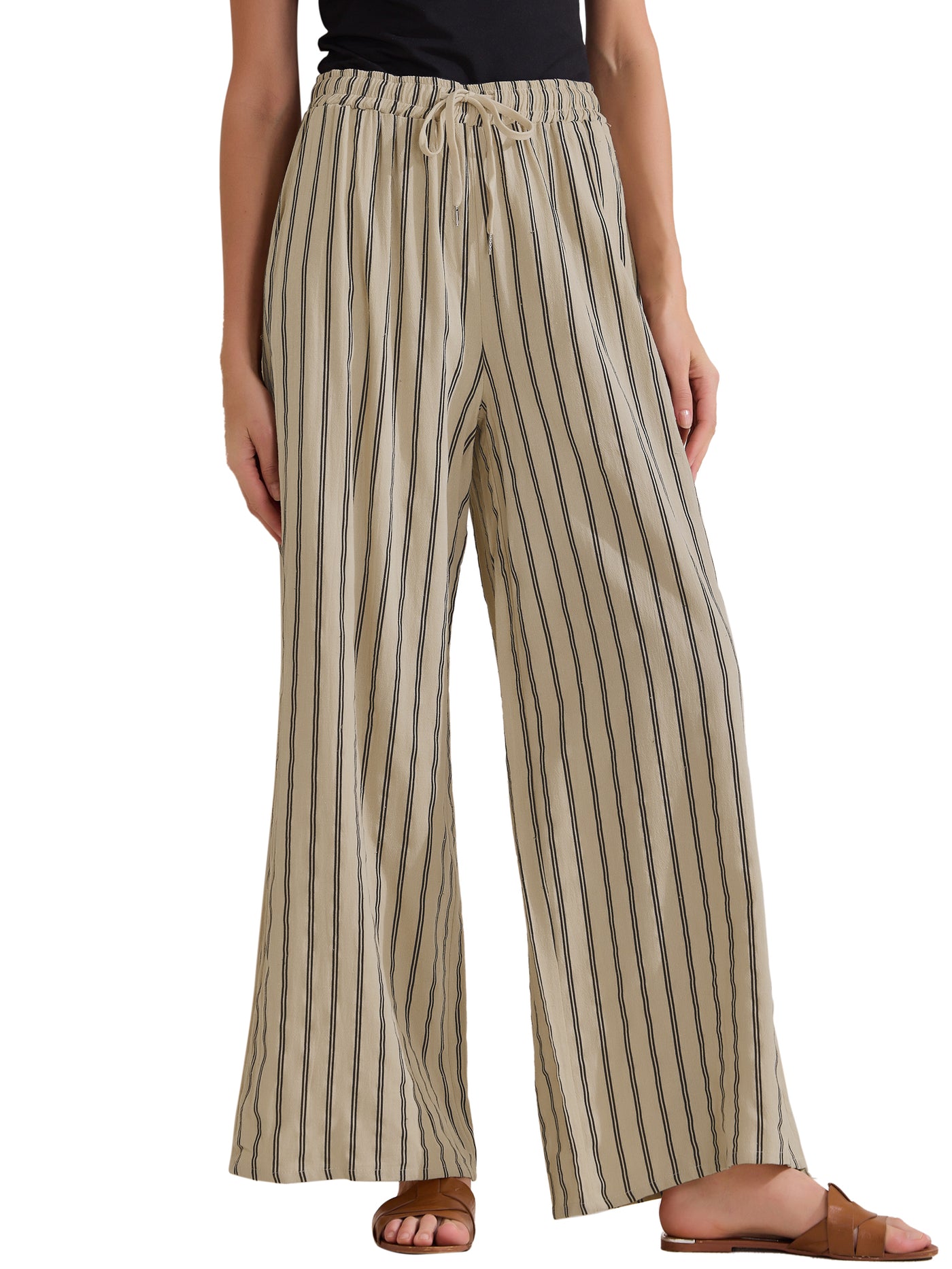 Allegra K Casual Drawstring Striped Wide Leg High Waist Cotton Pants