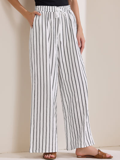 Casual Drawstring Striped Wide Leg High Waist Cotton Pants