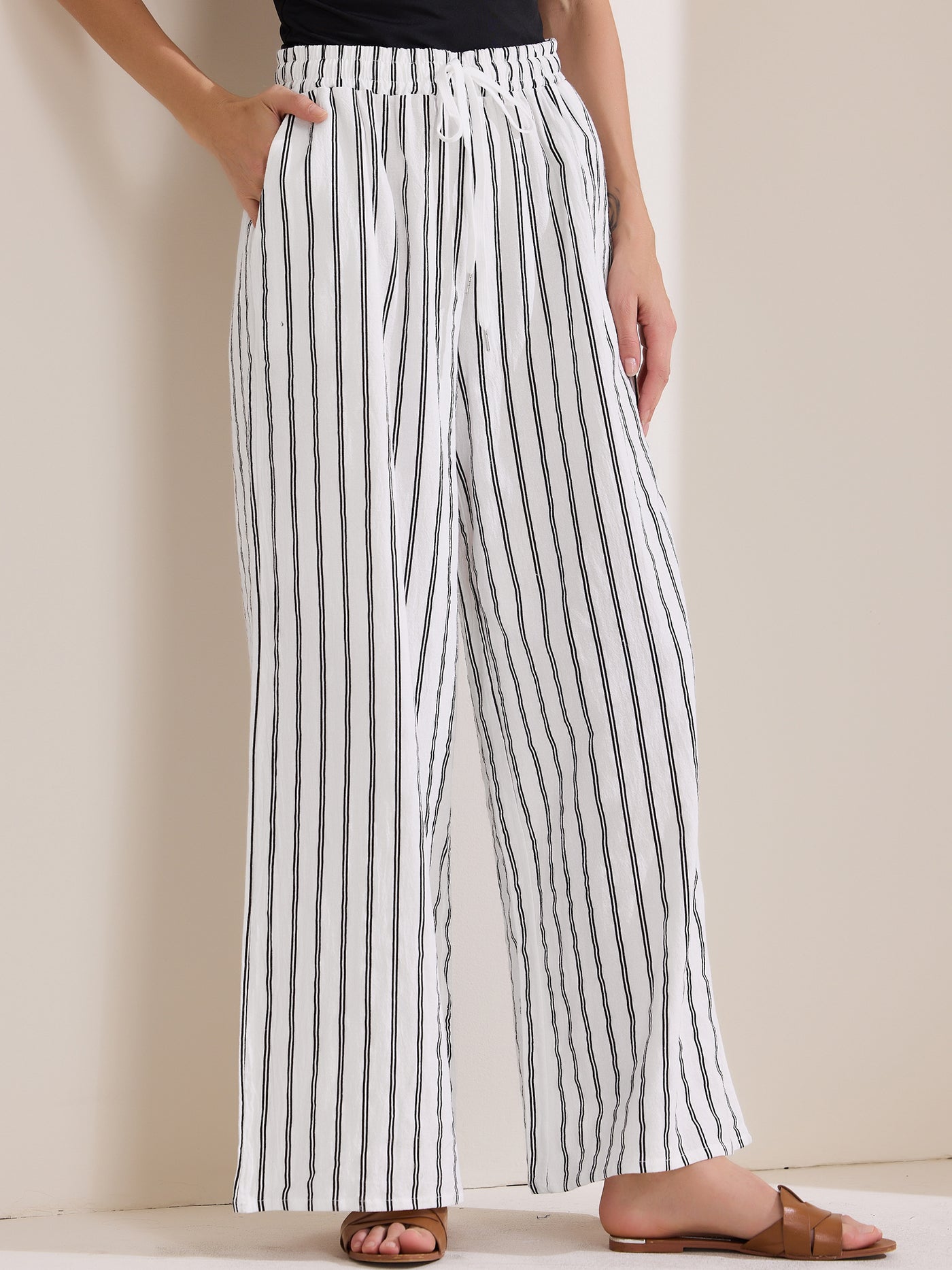 Allegra K Casual Drawstring Striped Wide Leg High Waist Cotton Pants