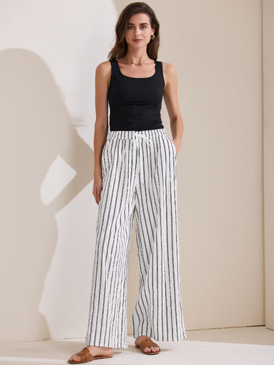 Casual Drawstring Striped Wide Leg High Waist Cotton Pants