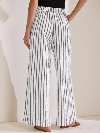 Casual Drawstring Striped Wide Leg High Waist Cotton Pants