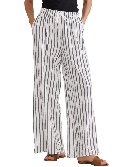 Casual Drawstring Striped Wide Leg High Waist Cotton Pants