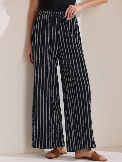 Casual Drawstring Striped Wide Leg High Waist Cotton Pants