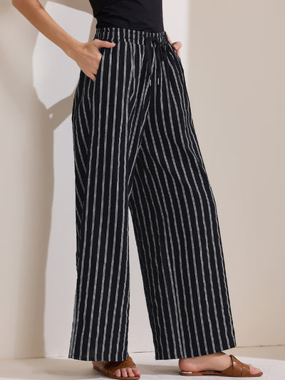 Casual Drawstring Striped Wide Leg High Waist Cotton Pants