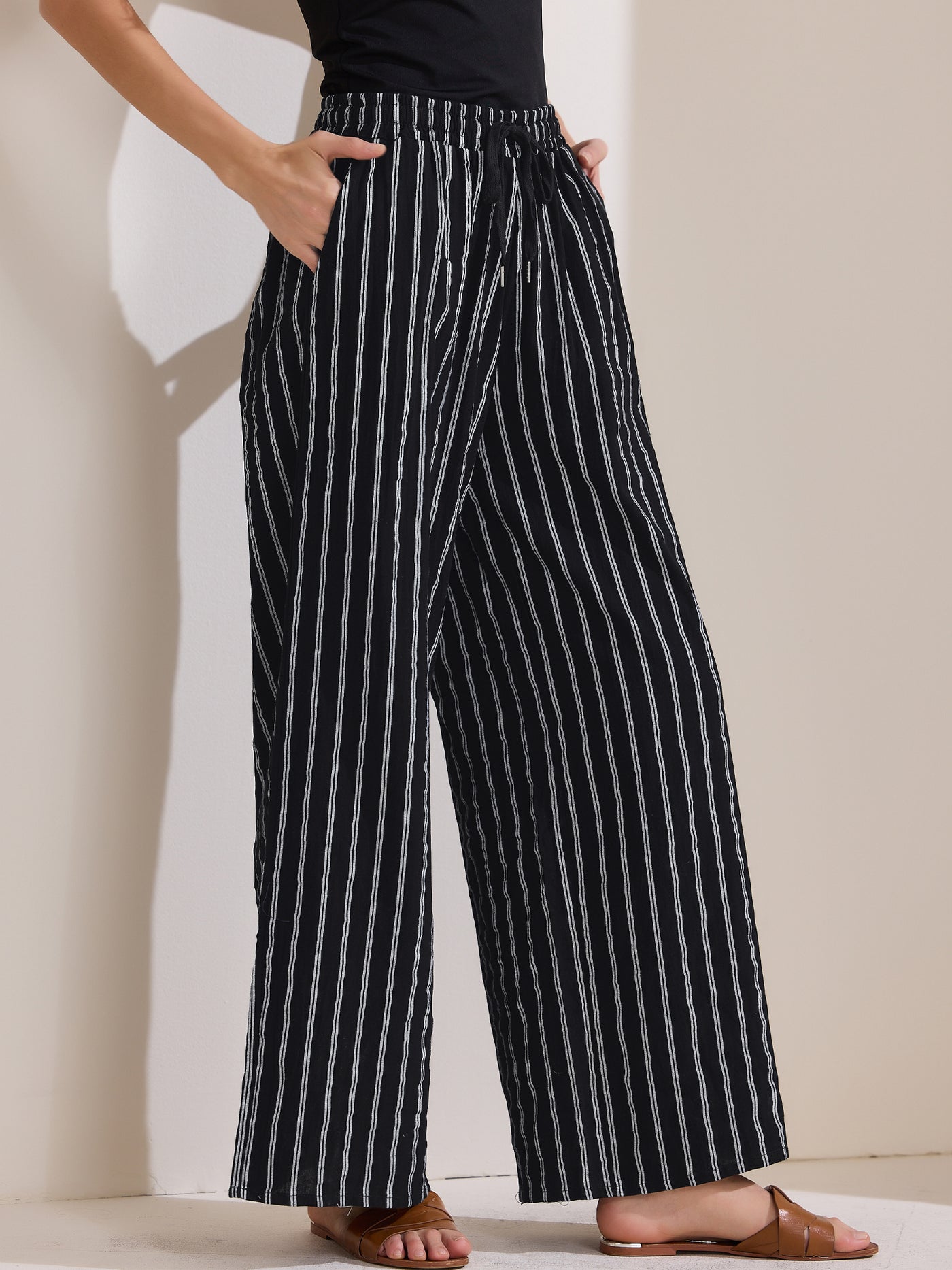 Allegra K Casual Drawstring Striped Wide Leg High Waist Cotton Pants