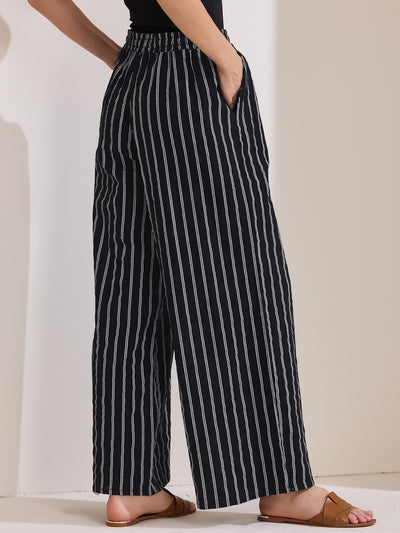 Casual Drawstring Striped Wide Leg High Waist Cotton Pants