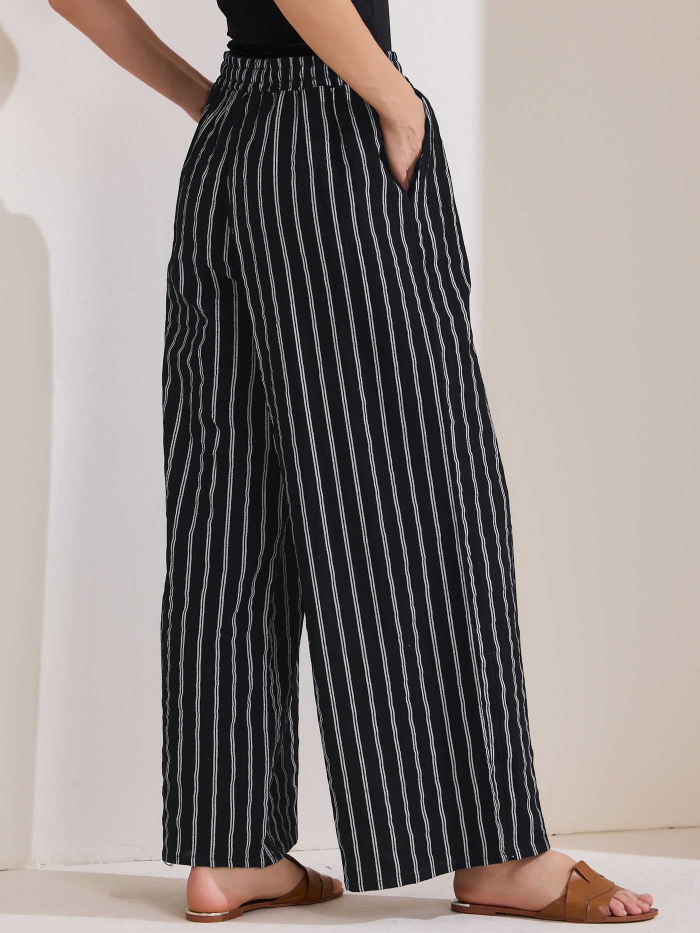 Allegra K Casual Drawstring Striped Wide Leg High Waist Cotton Pants