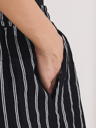 Casual Drawstring Striped Wide Leg High Waist Cotton Pants