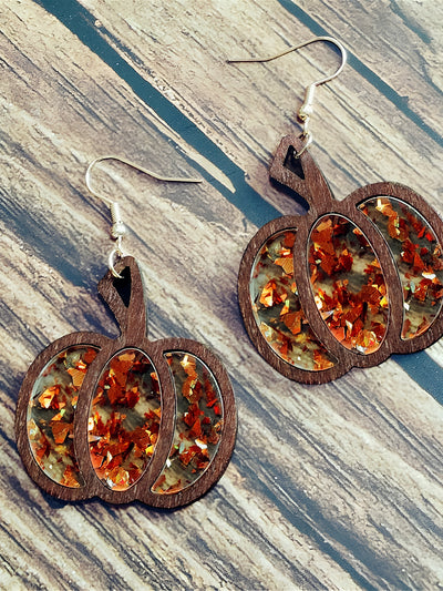 Halloween Pumpkin Wood Inlaid Acrylic Sequins Earrings