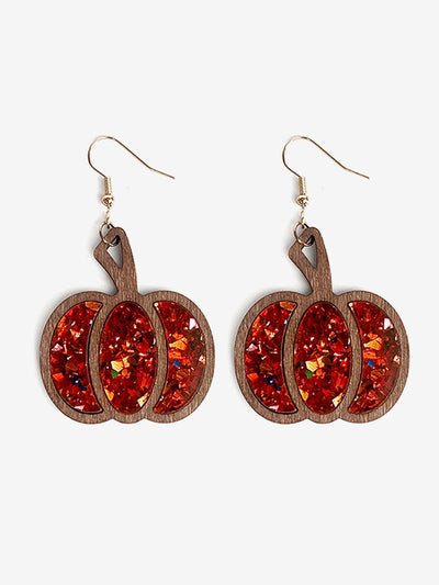 Halloween Pumpkin Wood Inlaid Acrylic Sequins Earrings