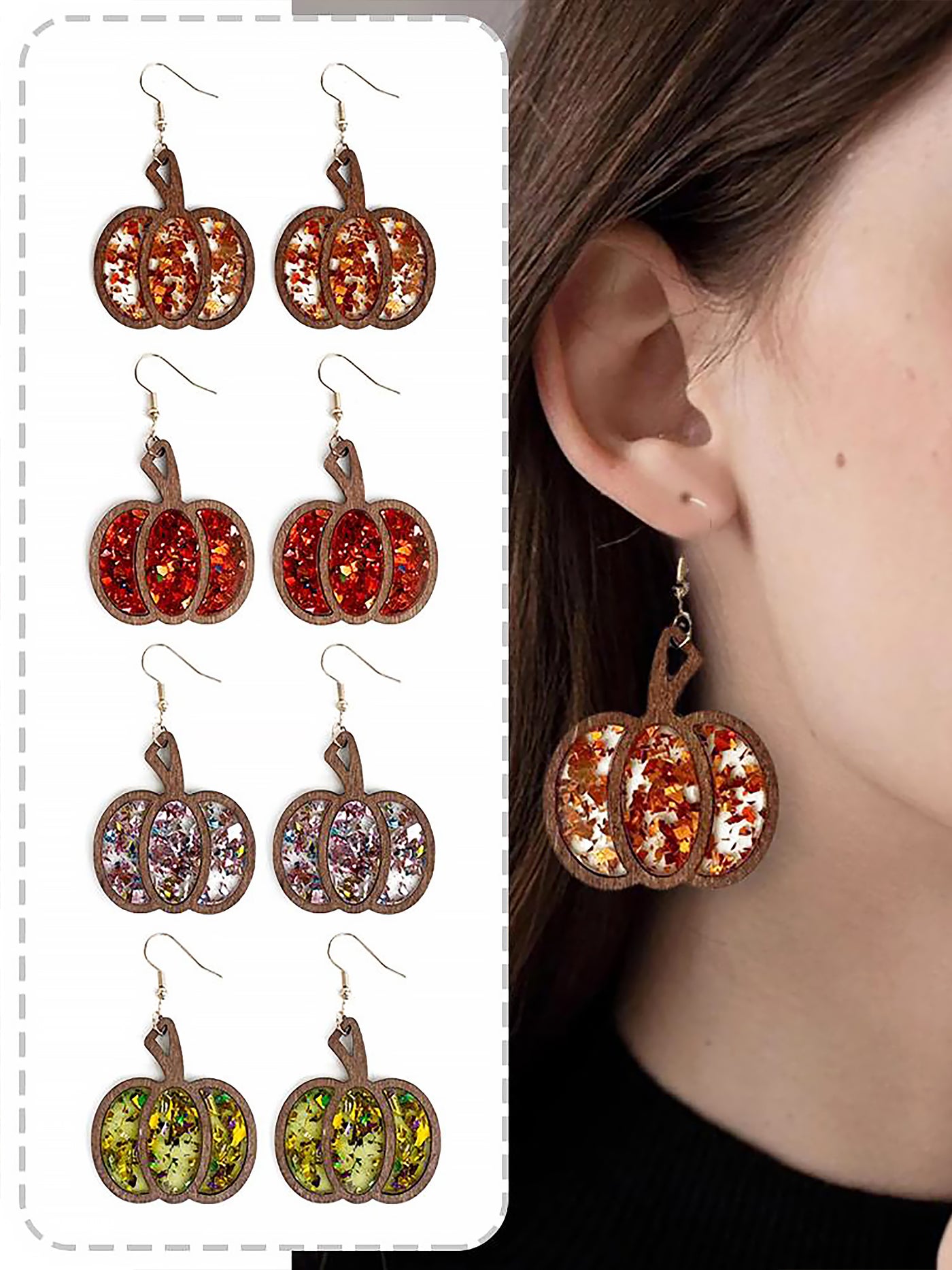 Allegra K Halloween Pumpkin Wood Inlaid Acrylic Sequins Earrings