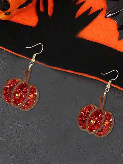 Halloween Pumpkin Wood Inlaid Acrylic Sequins Earrings