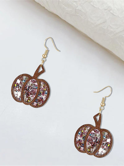 Halloween Pumpkin Wood Inlaid Acrylic Sequins Earrings