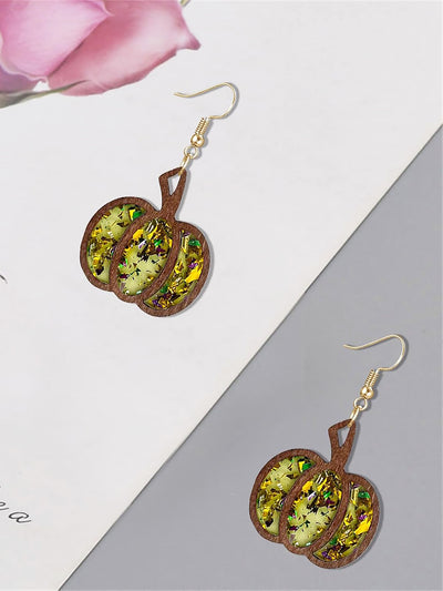 Halloween Pumpkin Wood Inlaid Acrylic Sequins Earrings