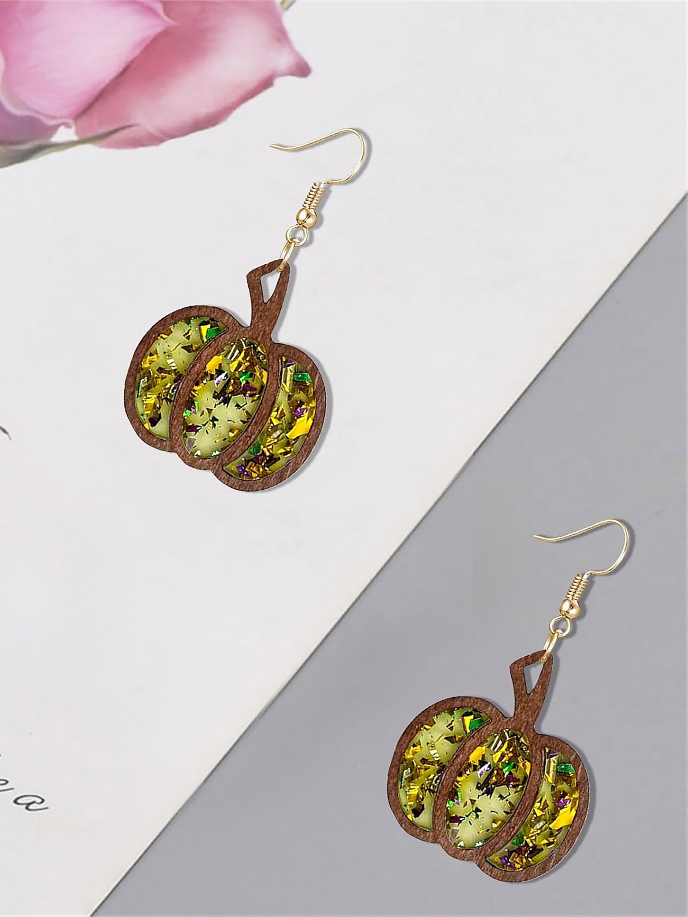 Allegra K Halloween Pumpkin Wood Inlaid Acrylic Sequins Earrings