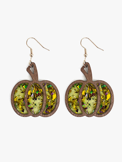 Halloween Pumpkin Wood Inlaid Acrylic Sequins Earrings