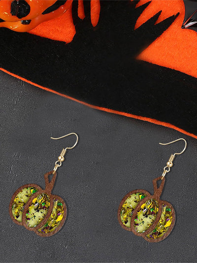 Halloween Pumpkin Wood Inlaid Acrylic Sequins Earrings