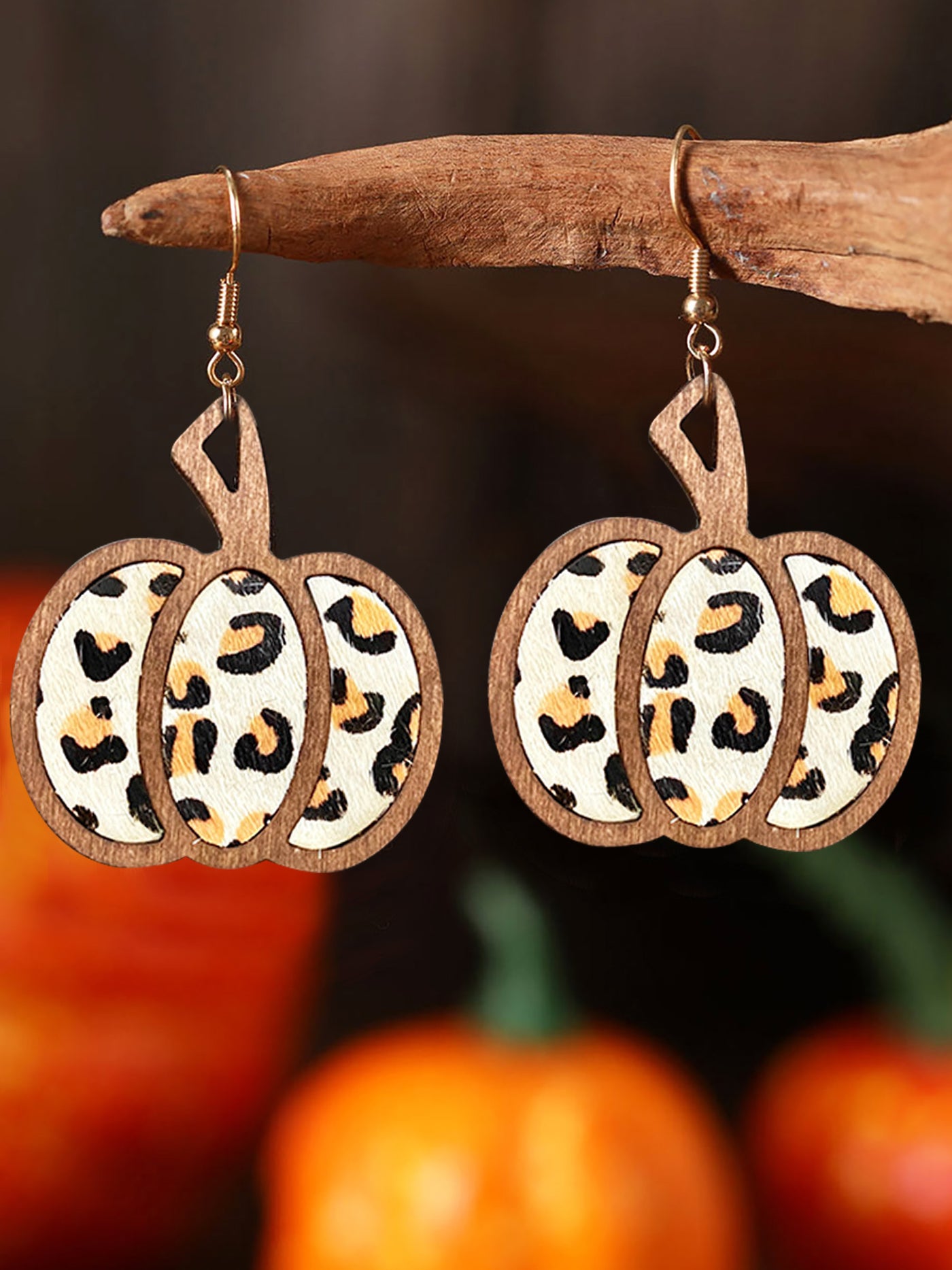 Allegra K Halloween Pumpkin Leopard French Wire Drop Earrings