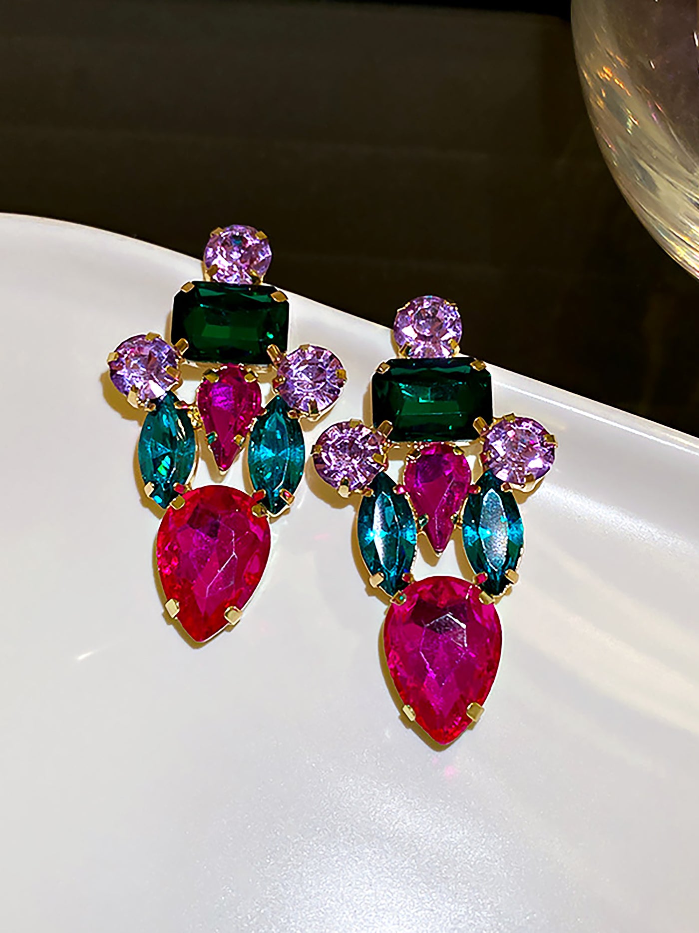 Allegra K Retro Colorful Faux Diamond Encrusted Chandelier Earrings