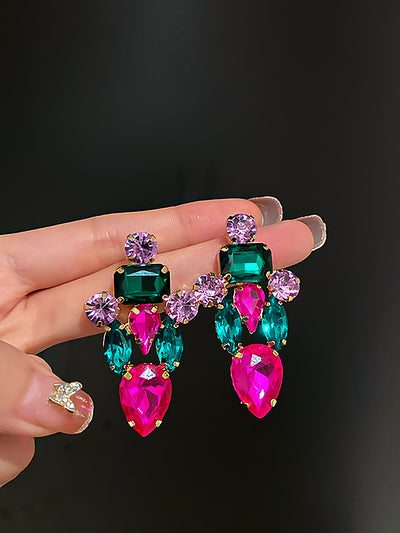 Retro Colorful Faux Diamond Encrusted Chandelier Earrings