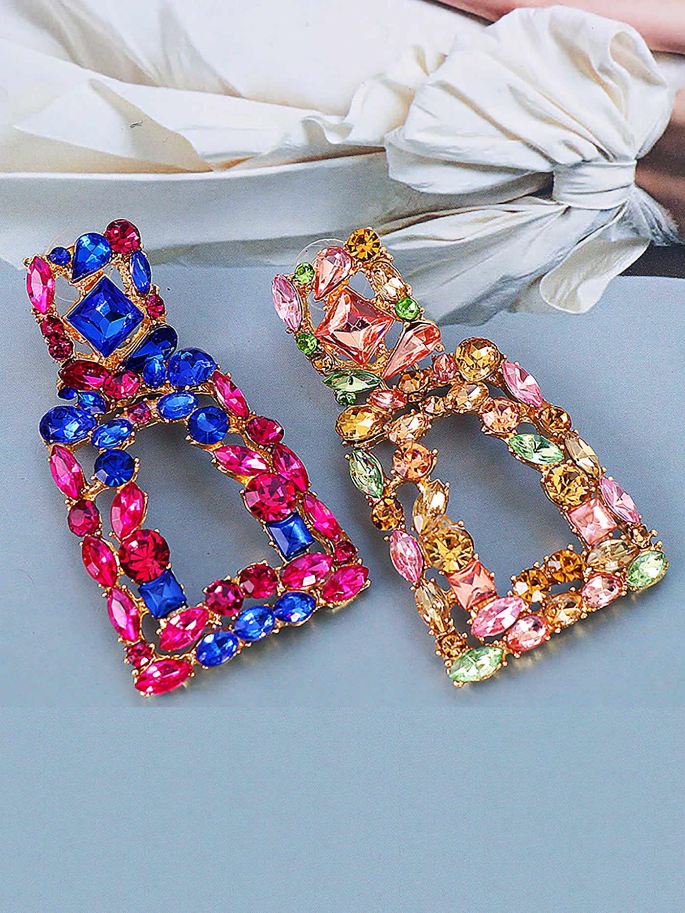 Allegra K Colorful Faux Diamond Rhinestone Square Shape Stud Earrings