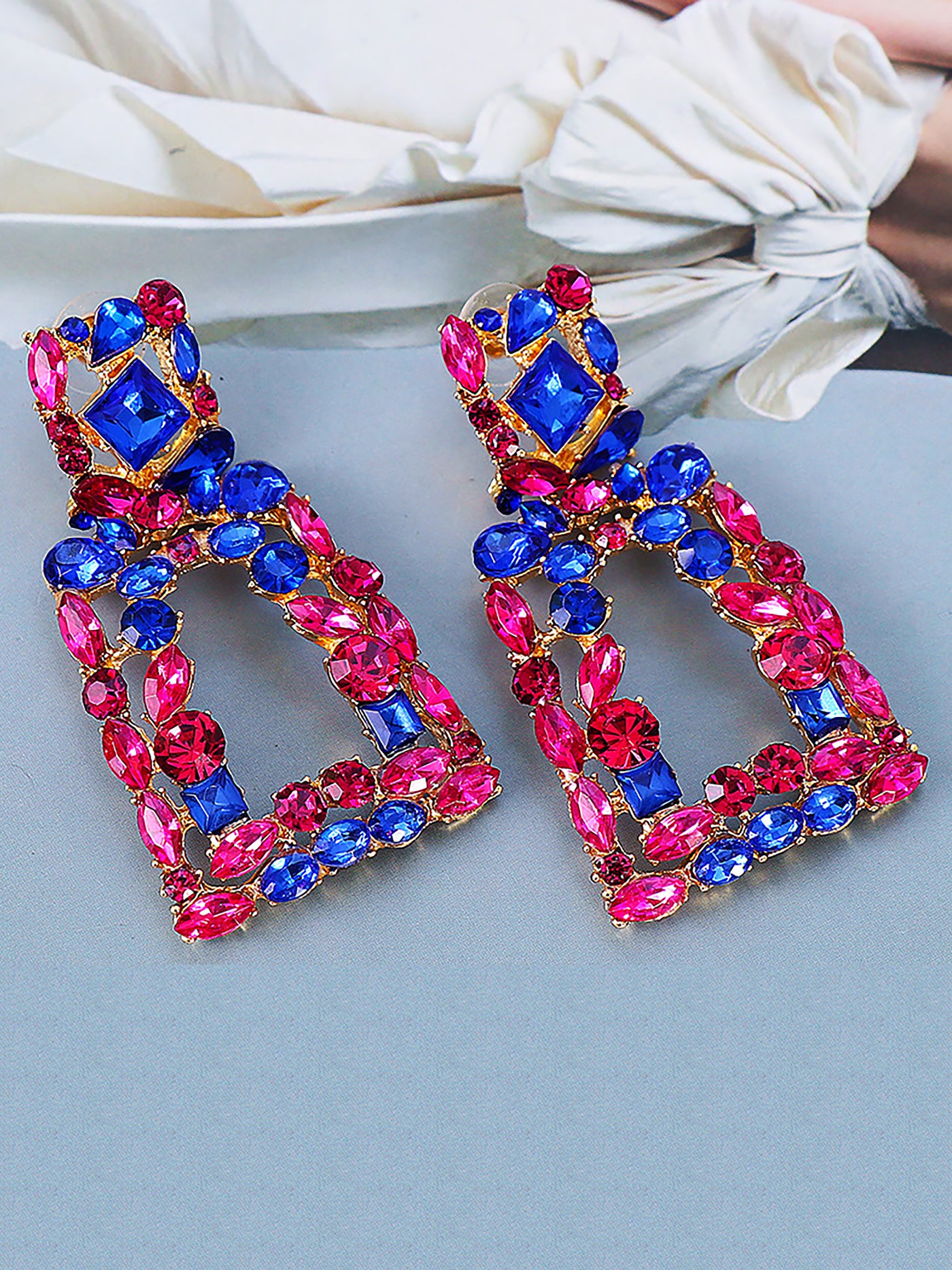 Allegra K Colorful Faux Diamond Rhinestone Square Shape Stud Earrings