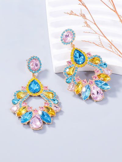 Retro Colorful Faux Diamond Rhinestones Geometric Chandelier Earrings