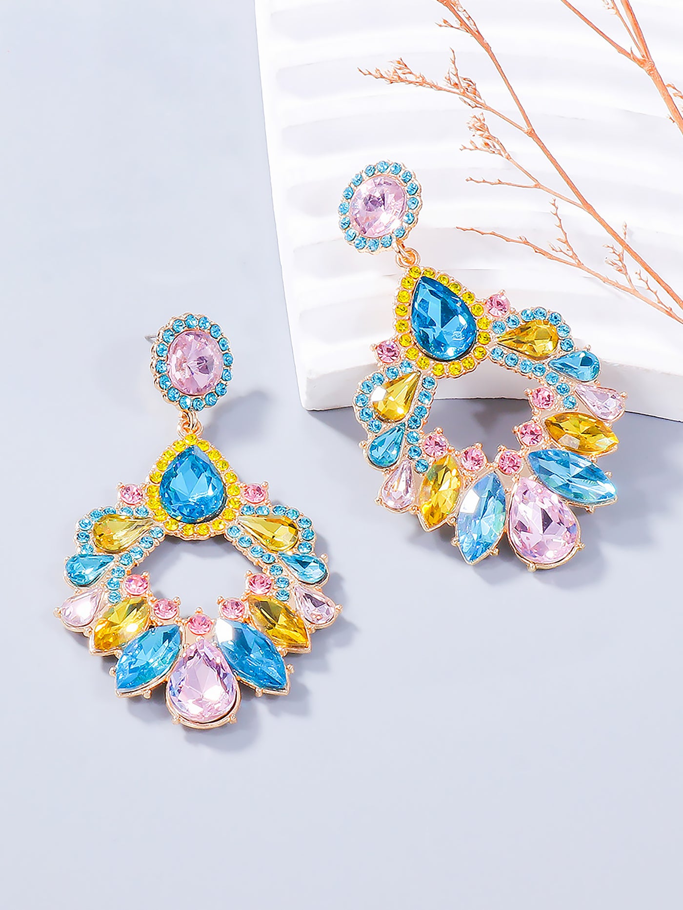 Allegra K Retro Colorful Faux Diamond Rhinestones Geometric Chandelier Earrings