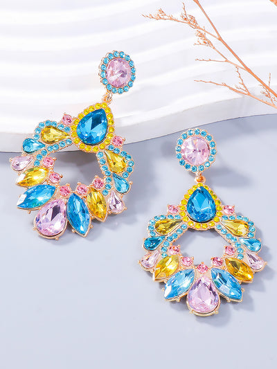 Retro Colorful Faux Diamond Rhinestones Geometric Chandelier Earrings