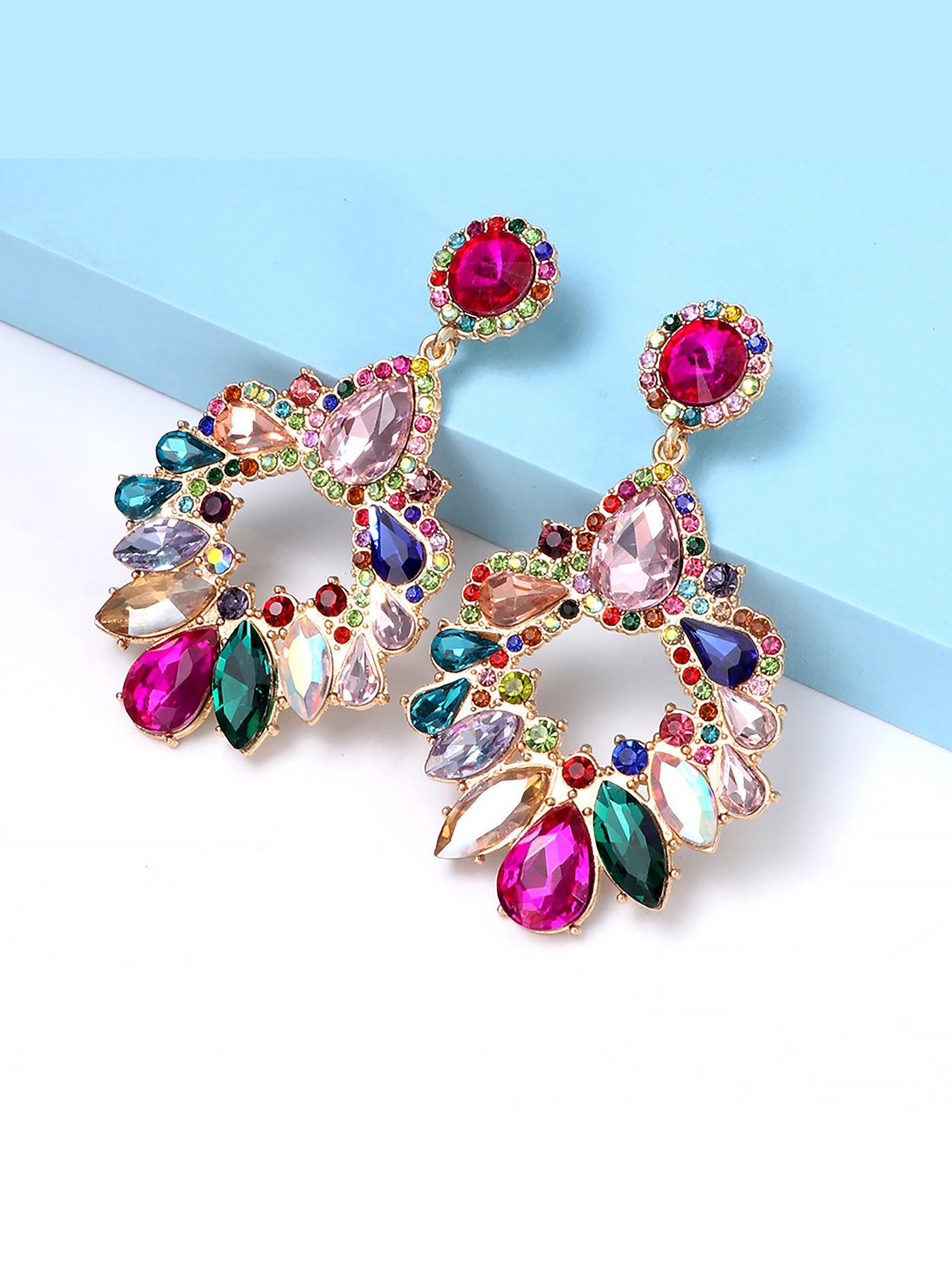 Allegra K Retro Colorful Faux Diamond Rhinestones Geometric Chandelier Earrings