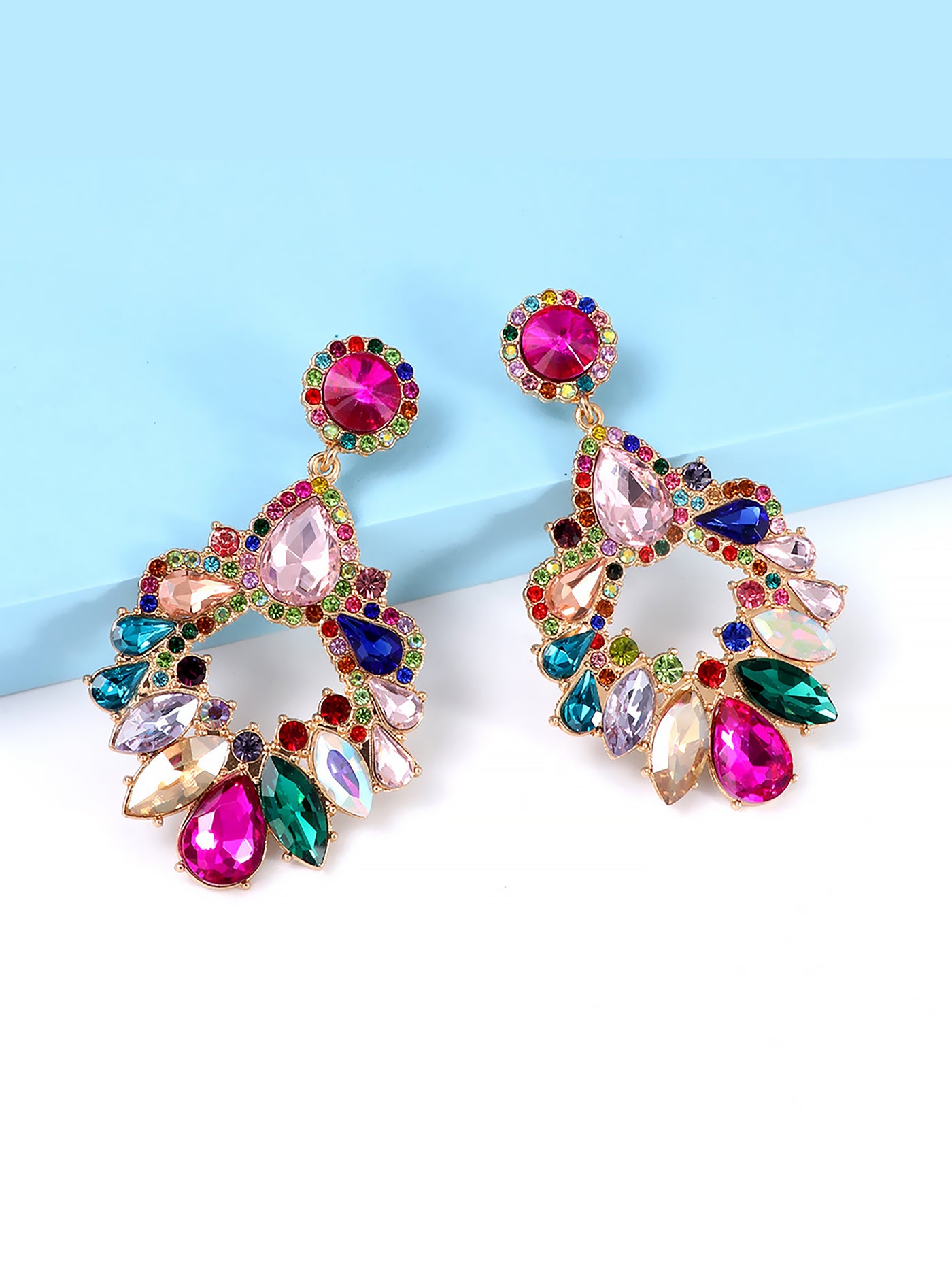 Allegra K Retro Colorful Faux Diamond Rhinestones Geometric Chandelier Earrings