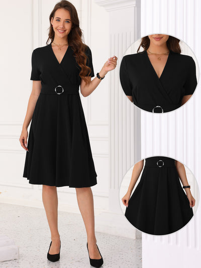 V Neck Short Sleeve Solid Color A-Line Midi Dress