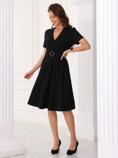 V Neck Short Sleeve Solid Color A-Line Midi Dress