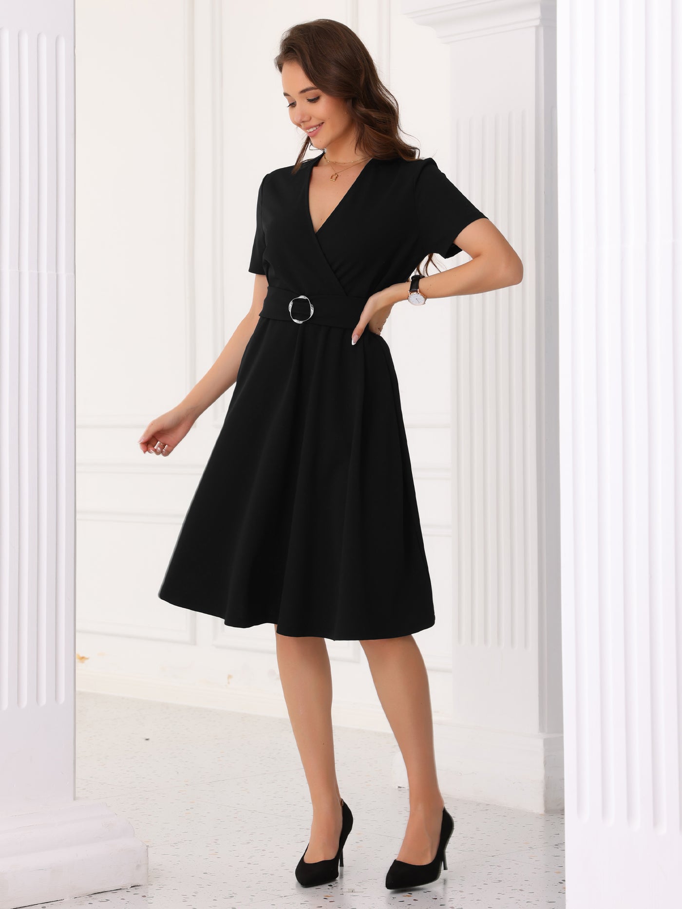 Allegra K V Neck Short Sleeve Solid Color A-Line Midi Dress