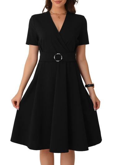 V Neck Short Sleeve Solid Color A-Line Midi Dress