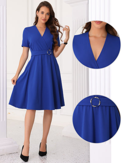 V Neck Short Sleeve Solid Color A-Line Midi Dress