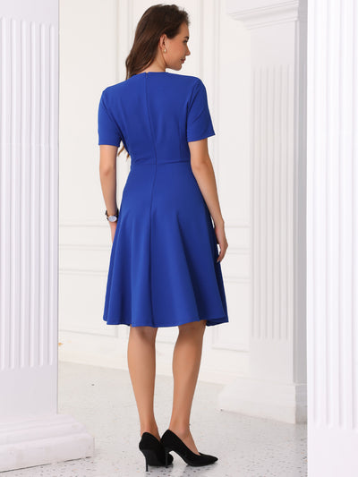 V Neck Short Sleeve Solid Color A-Line Midi Dress