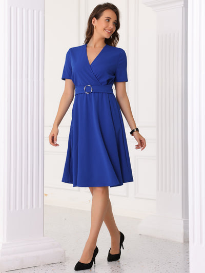 V Neck Short Sleeve Solid Color A-Line Midi Dress