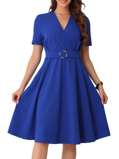 V Neck Short Sleeve Solid Color A-Line Midi Dress