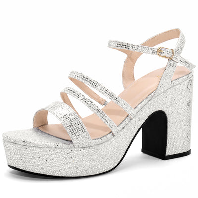 Women's Glitter Strappy Strap High Platform Chunky Heel Sandals