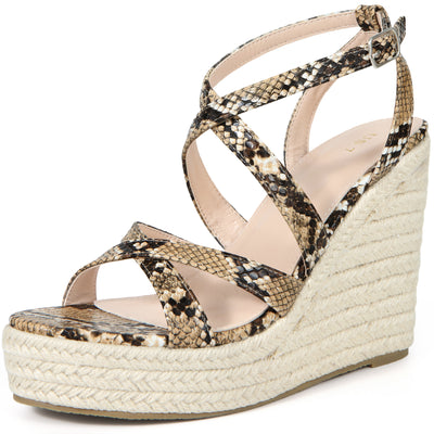 Women's Snake Print Platform Slingback Strappy Espadrille Wedges Sandals