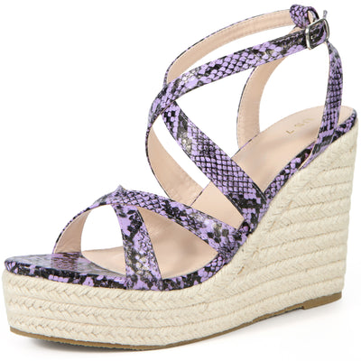 Women's Snake Print Platform Slingback Strappy Espadrille Wedges Sandals