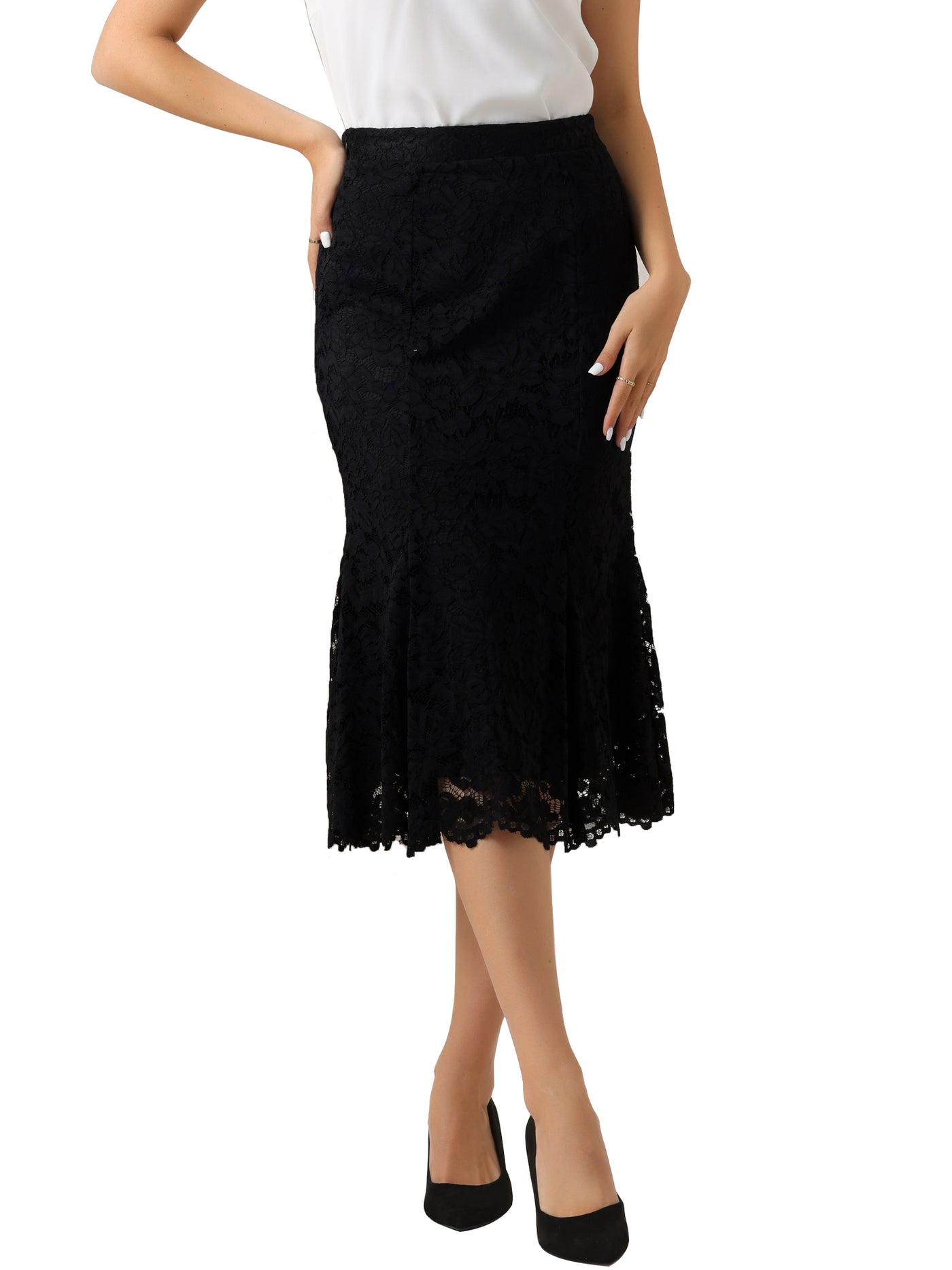 Allegra K Lace Office Work Bodycon Fishtail Midi Skirt