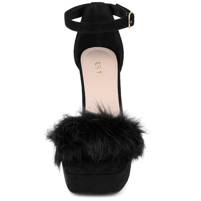 Women's Platform Ankle Strap Faux Fur Square Toe Chunky Heels Sandals