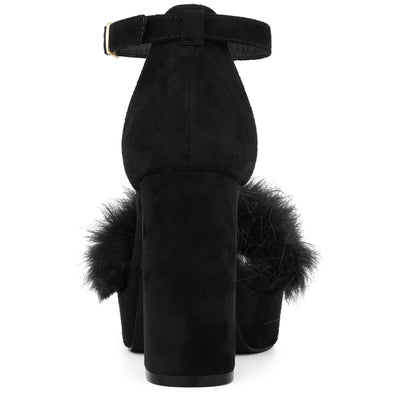 Women's Platform Ankle Strap Faux Fur Square Toe Chunky Heels Sandals