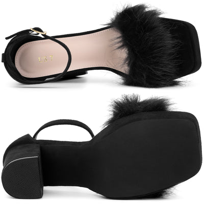 Women's Platform Ankle Strap Faux Fur Square Toe Chunky Heels Sandals