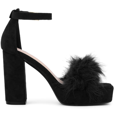 Women's Platform Ankle Strap Faux Fur Square Toe Chunky Heels Sandals