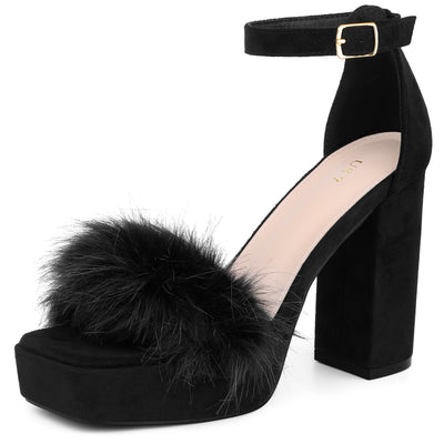 Women's Platform Ankle Strap Faux Fur Square Toe Chunky Heels Sandals