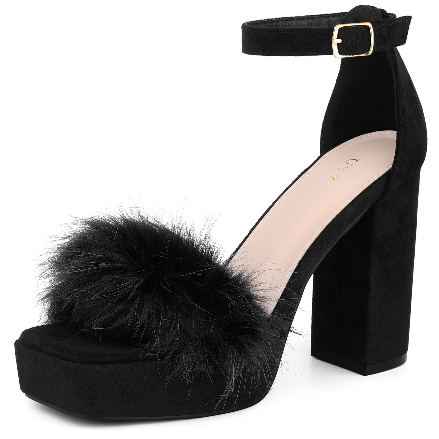 Allegra K Women's Platform Ankle Strap Faux Fur Square Toe Chunky Heels Sandals